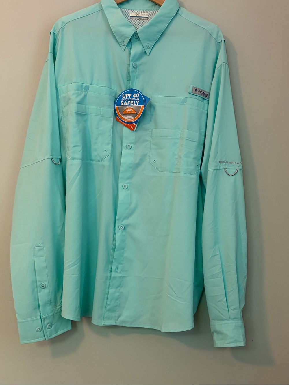 Columbia PFG Long Sleeve Fishing Shirt Omni-Shade UPF 40 Aqua Men’s XXL NWT